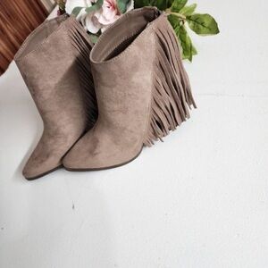 Candie's Taupe Fringe Heeled Boots